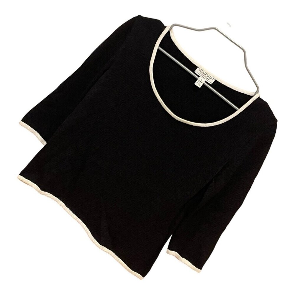 St. John Sport Black Blue Ivory Scoop Neck 3/4 Sleeve Sweater - Size S